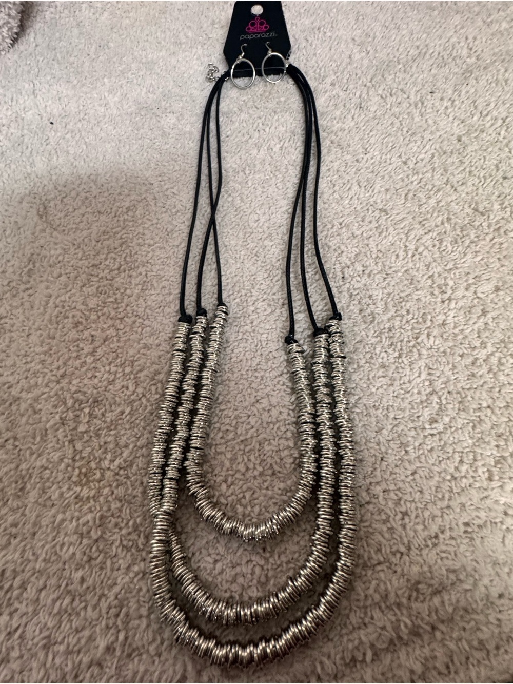 Paparazzi Silver Layered Disc Cord Necklace - Black